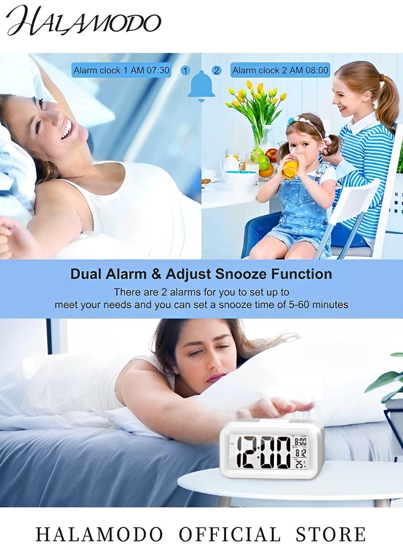 هالامودو ساعة منبه رقمية مع تقويم درجة الحرارة الداخلية مع شاشة LCD 12/24 ساعة وإضاءة خلفية تعمل عبر USB (الشاحن غير متضمن) للأشخاص الذين ينامون بعمق والأطفال أثناء السفر أو غرفة النوم  - Image 4