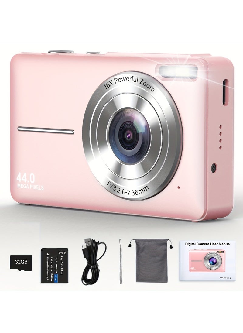 AMBERJACK Digital Camera,FHD 1080P Kids Camera 44MP Point and Shoot Digital Cameras with 32GB Card,16X Zoom,Anti-Shake,Date Stamp,Compact Small Cameras Photography for Kids Student Teen Girl Boy(Pink)  - Image 1
