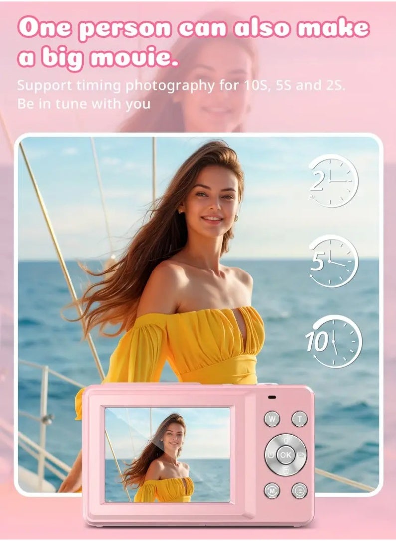 Digital Camera,FHD 1080P Kids Camera 44MP Point and Shoot Digital Cameras with 32GB Card,16X Zoom,Anti-Shake,Date Stamp,Compact Small Cameras Photography for Kids Student Teen Girl Boy(Pink)