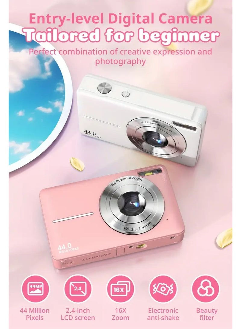 Digital Camera,FHD 1080P Kids Camera 44MP Point and Shoot Digital Cameras with 32GB Card,16X Zoom,Anti-Shake,Date Stamp,Compact Small Cameras Photography for Kids Student Teen Girl Boy(Pink)