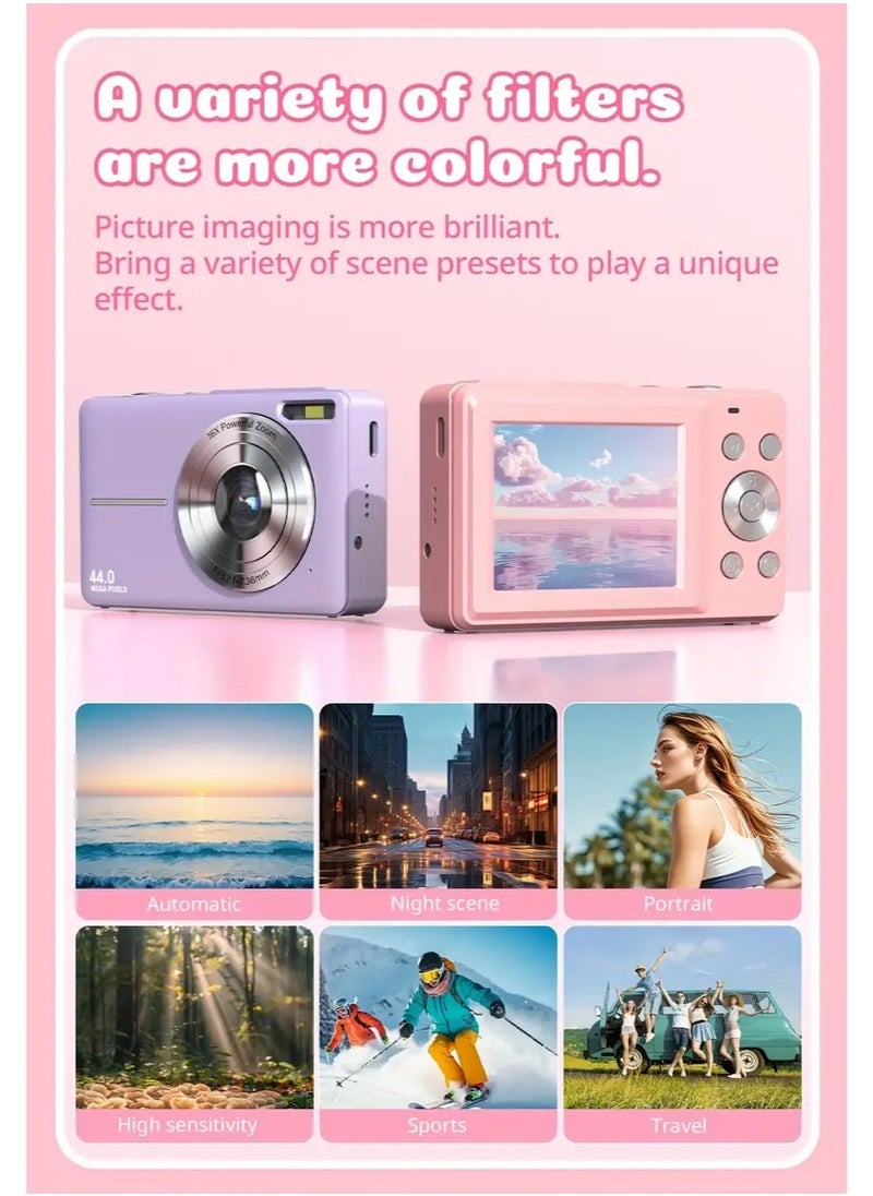 AMBERJACK Digital Camera,FHD 1080P Kids Camera 44MP Point and Shoot Digital Cameras with 32GB Card,16X Zoom,Anti-Shake,Date Stamp,Compact Small Cameras Photography for Kids Student Teen Girl Boy(Pink)  - Image 3