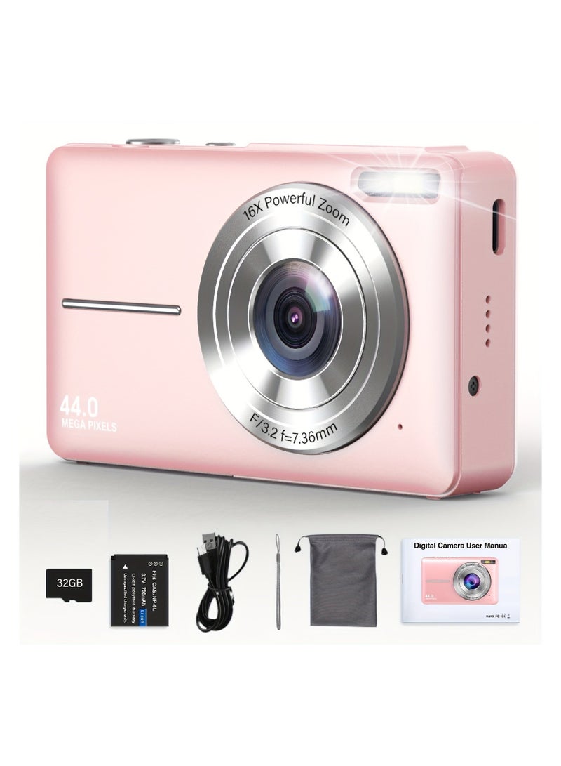 Digital Camera,FHD 1080P Kids Camera 44MP Point and Shoot Digital Cameras with 32GB Card,16X Zoom,Anti-Shake,Date Stamp,Compact Small Cameras Photography for Kids Student Teen Girl Boy(Pink)