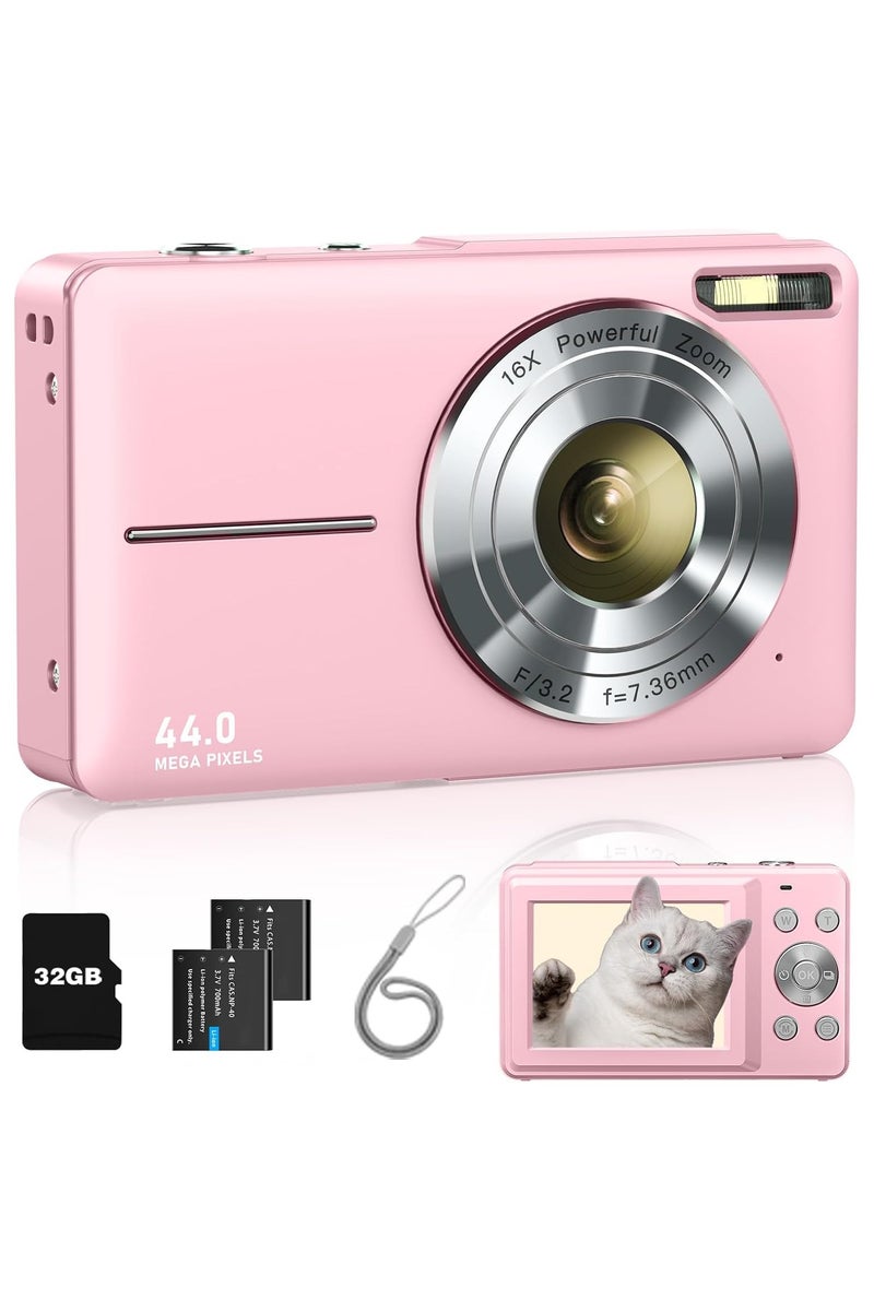 Digital Camera,FHD 1080P Kids Camera 44MP Point and Shoot Digital Cameras with 32GB Card,16X Zoom,Anti-Shake,Date Stamp,Compact Small Cameras Photography for Kids Student Teen Girl Boy(Pink)