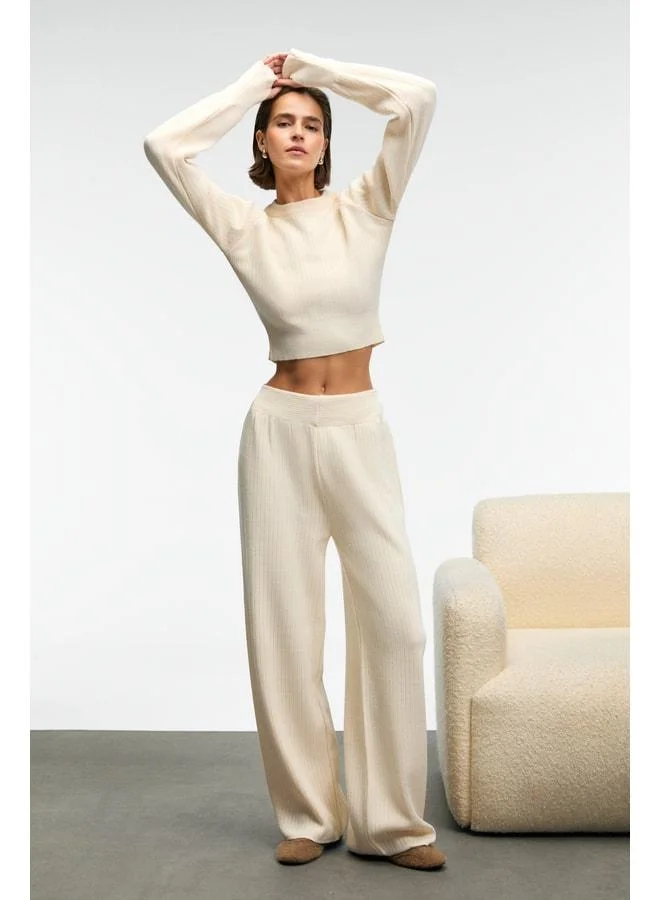 MARIPOSA Women's round neck striped crop wide‑leg knit beige set.