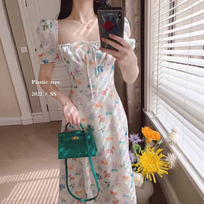 French Floral Print Dress Women Summer Square Neck Slim Fit Puff Sleeve Long Dress - Image 2