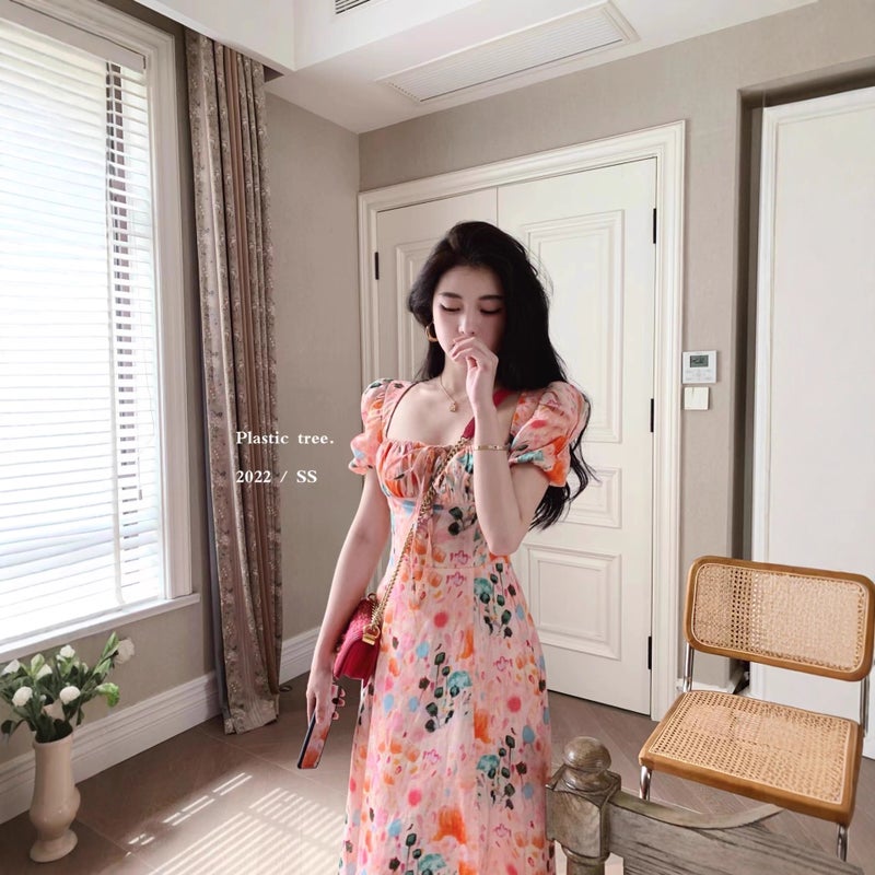 French Floral Print Dress Women Summer Square Neck Slim Fit Puff Sleeve Long Dress - Image 1
