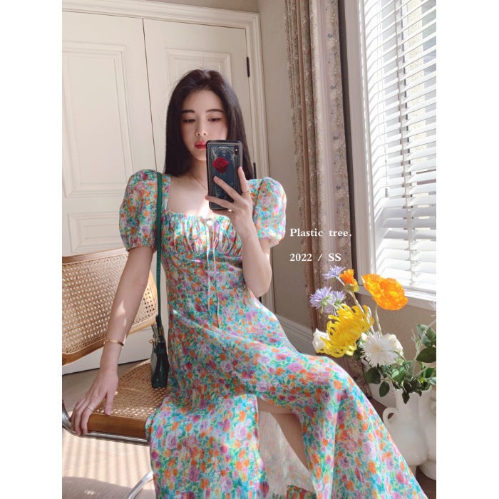 French Floral Print Dress Women Summer Square Neck Slim Fit Puff Sleeve Long Dress - Image 5