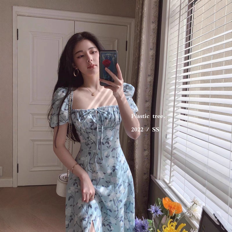 French Floral Print Dress Women Summer Square Neck Slim Fit Puff Sleeve Long Dress - Image 3