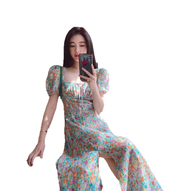 French Floral Print Dress Women Summer Square Neck Slim Fit Puff Sleeve Long Dress - Image 4