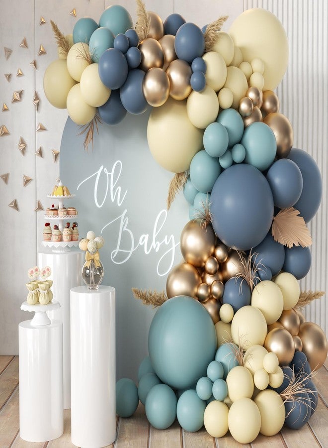 MEBAY Dusty Blue Balloon Garland Arch Kit, 166Pcs Retro Blue Pastel Baby Blue Macaroon Yellow Gold Metallic Balloons for Baby Shower Wedding Boy Birthday Decoration - Image 1
