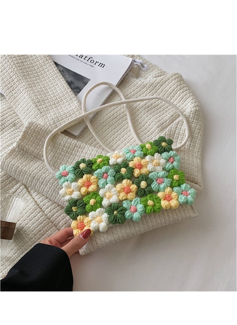 Loquat Handwoven Crossbody, Women's Cute Handbag, Small Summer Beach Shoulder Handbag for Women, Rectangle Cotton Handmade Purse with Knitted Flowers  - Image 1