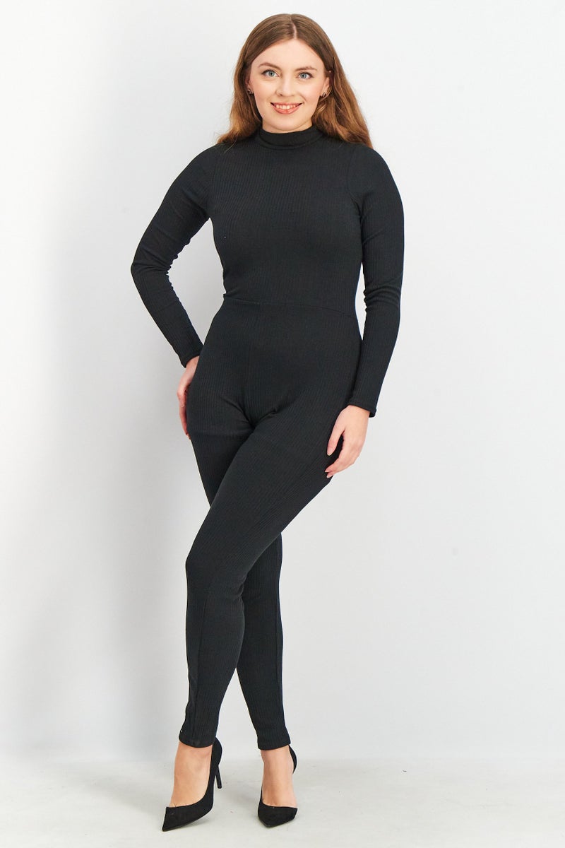 Asos Design Women Ribbed Long Sleeve Jumpsuit, Black - Image 1
