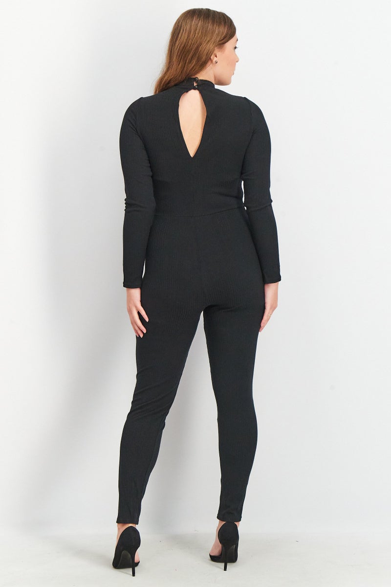 Asos Design Women Ribbed Long Sleeve Jumpsuit, Black - Image 3
