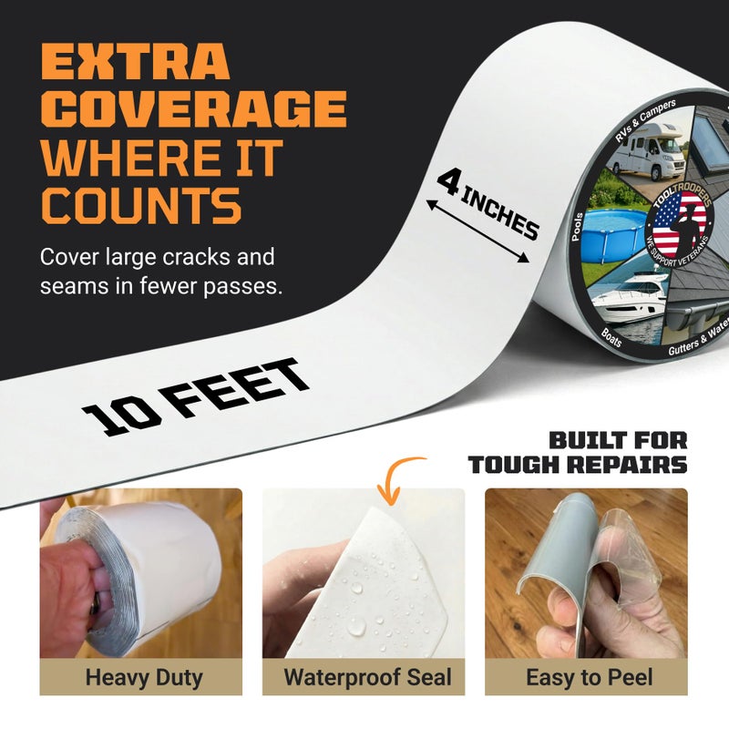 TOOLTROOPERS TITANPATCH PRO Waterproof Sealant Tape â€“ White 4" x10' â€“ Stops Leaks Fast & Stays Sealed for 15+ Years â€“ Sticks to RVs, Roofs, Pools, Boats, Gutters â€“ Built for Harsh Weather (-40Â°F to 190Â°F) - Image 3