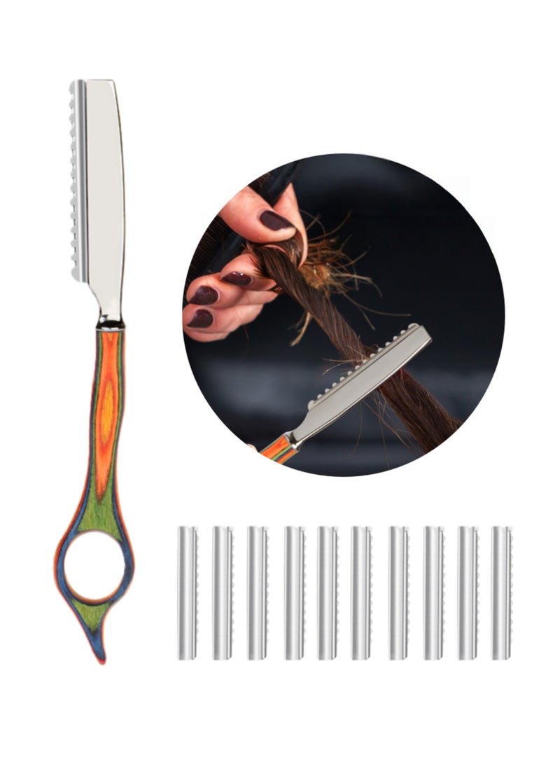 Joudi Hairdressing Set with 10 Stainless Steel Blades, Professional hair thinning knife Solid wood handle - Image 1
