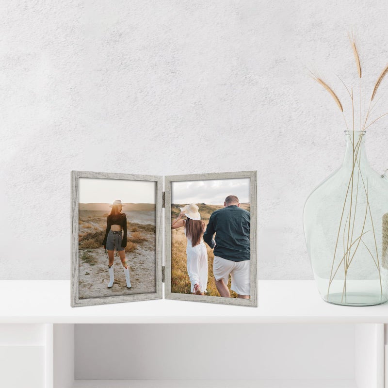 Space Art Deco 5x7 Double Hinged Frames  2 Folding Picture Frame  Stand Vertically on Desktop or Tabletop  Whitewashed Oak - Image 3