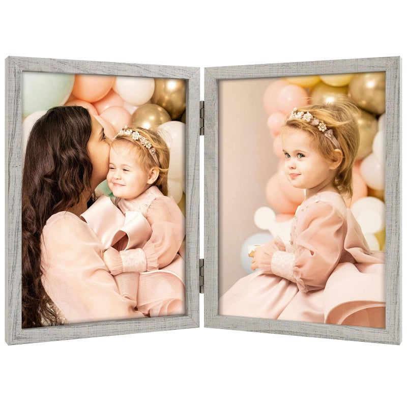 Space Art Deco 5x7 Double Hinged Frames  2 Folding Picture Frame  Stand Vertically on Desktop or Tabletop  Whitewashed Oak - Image 1