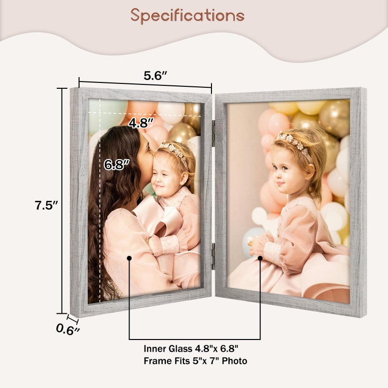 Space Art Deco 5x7 Double Hinged Frames  2 Folding Picture Frame  Stand Vertically on Desktop or Tabletop  Whitewashed Oak - Image 2