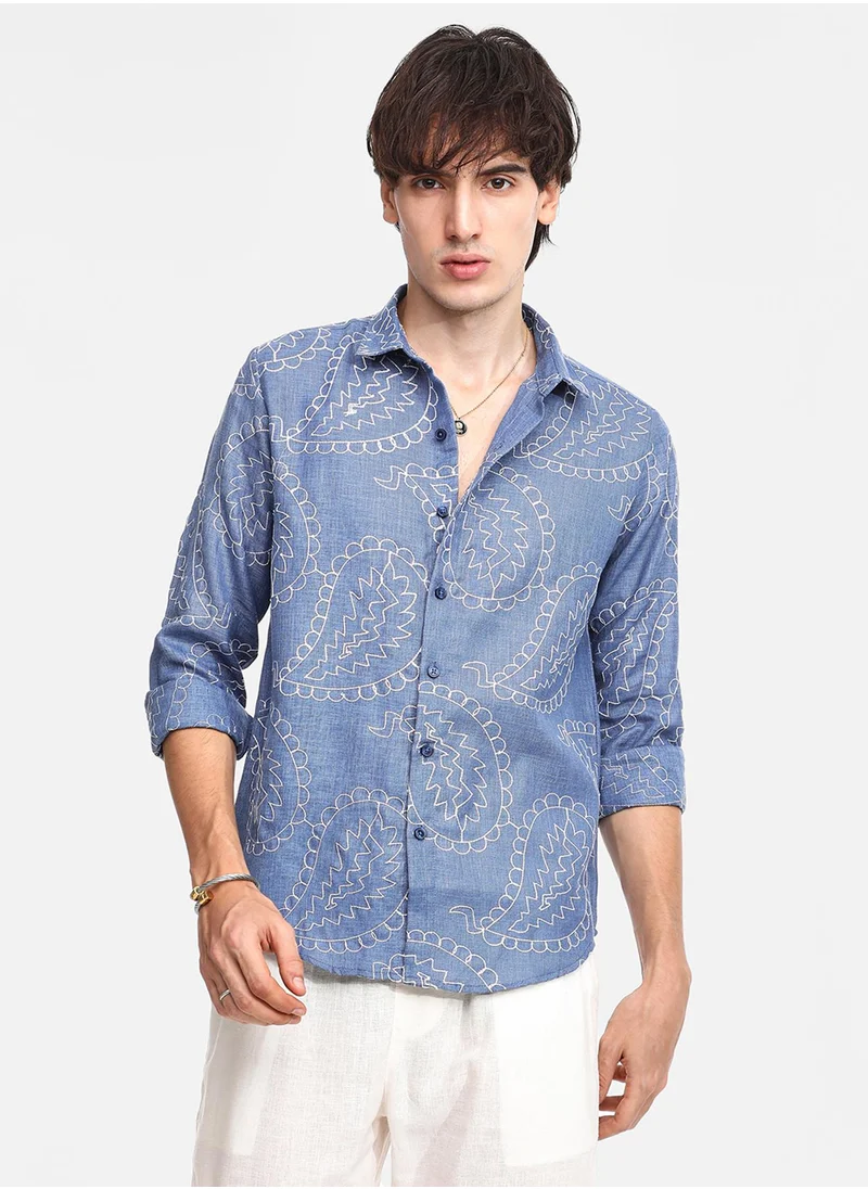 Campus Sutra Men's Icy Blue Paisley-Lined Shirt