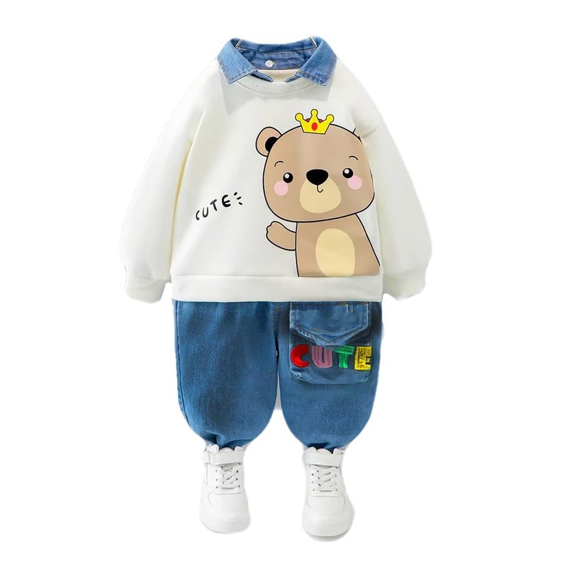 Bold N Elegant Cute Animal Cartoon Print Funky Boys Full Sleeve Collar T-Shirt and Denim Pant Party Clothing Set for Boys Kids (White, 1-2 Years) - Image 4