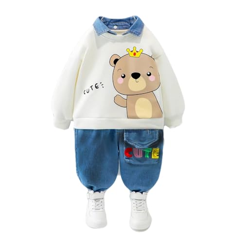 Bold N Elegant Cute Animal Cartoon Print Funky Boys Full Sleeve Collar T-Shirt and Denim Pant Party Clothing Set for Boys Kids (White, 1-2 Years) - Image 1