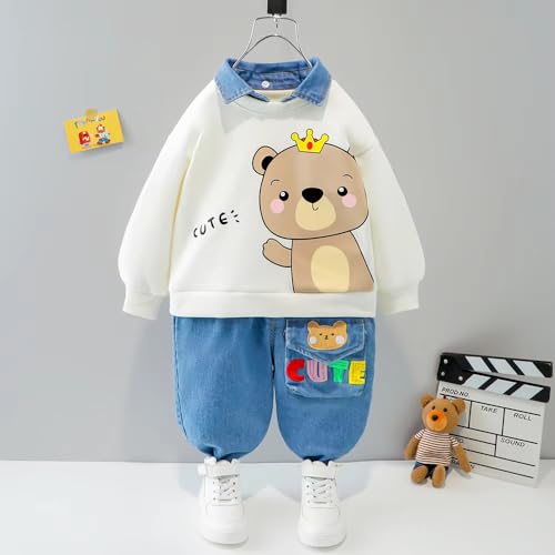 Bold N Elegant Cute Animal Cartoon Print Funky Boys Full Sleeve Collar T-Shirt and Denim Pant Party Clothing Set for Boys Kids (White, 1-2 Years) - Image 2