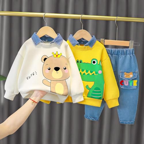 Bold N Elegant Cute Animal Cartoon Print Funky Boys Full Sleeve Collar T-Shirt and Denim Pant Party Clothing Set for Boys Kids (White, 1-2 Years) - Image 3