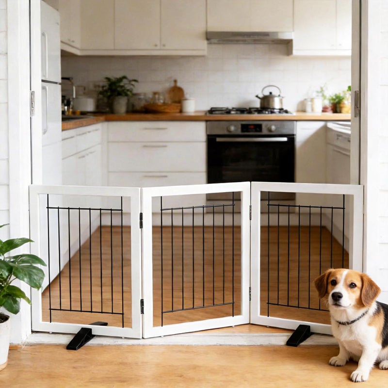 ZJSF Freestanding Dog Gate Indoor, Foldable Dog Fence for Doorways,Hallways or Stairs, Sturdy Wood Extra Wide Pet Gate with Support Feet,White,24 "Height-3 Panels - Image 2