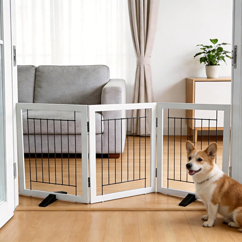 ZJSF Freestanding Dog Gate Indoor, Foldable Dog Fence for Doorways,Hallways or Stairs, Sturdy Wood Extra Wide Pet Gate with Support Feet,White,24 "Height-3 Panels - Image 1