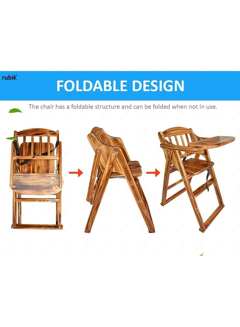 Rubik Wooden High Chair with Tray, Foldable Kids Dinning Highchair with Safety Belt and Cushion for Baby Toddler Feeding (brown, 20cm Tray) - Image 3