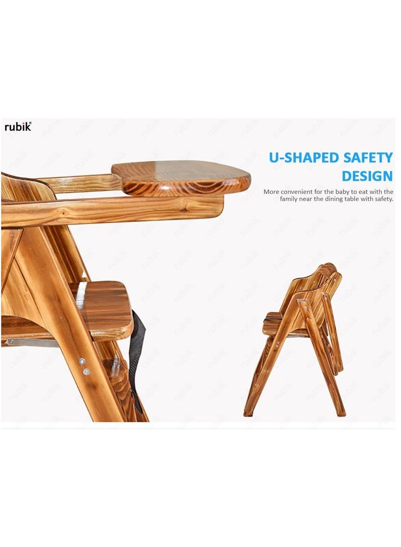 Rubik Wooden High Chair with Tray, Foldable Kids Dinning Highchair with Safety Belt and Cushion for Baby Toddler Feeding (brown, 20cm Tray) - Image 5