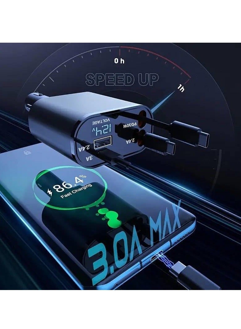 ELTRAZONE Retractable Car Charger, 4 in 1 Fast Car Phone Charger 60W, Retractable Cables and USB Car Charger,Compatible with iPhone 15/14/13/12/11,Galaxy (1Lightning 1TypeC) - Image 4