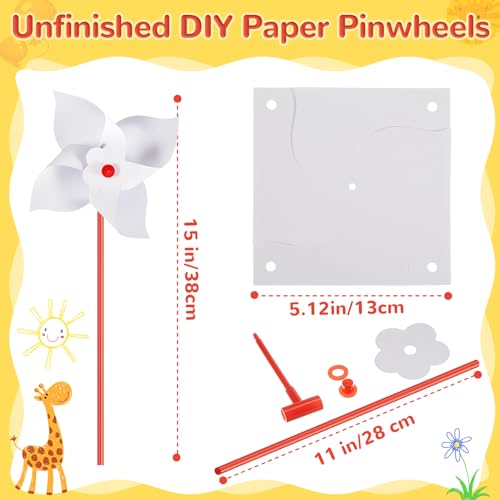 Simgoing 200 Pcs DIY Pinwheels for Kids Party Favor Paper Summer Craft Kits Bulk White Pinwheels for School Art Group Activities Scare Birds Garden Party Supplies 250th Anniversary July 4 512 Inch - Image 5