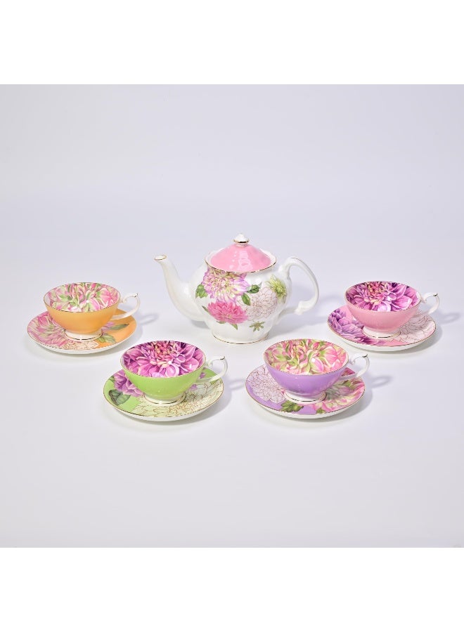 PULCHRITUDIE Bone China Teapot, English Teaset, Dahlia Floral Design with Golden Rim, 37 Oz - Image 5
