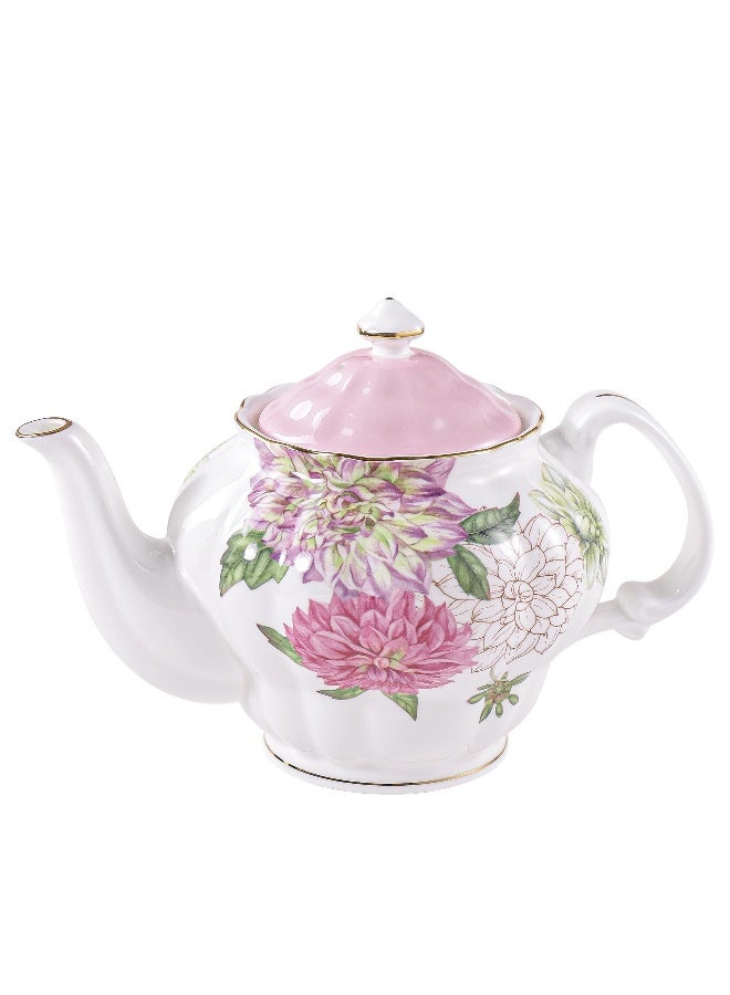 PULCHRITUDIE Bone China Teapot, English Teaset, Dahlia Floral Design with Golden Rim, 37 Oz - Image 1