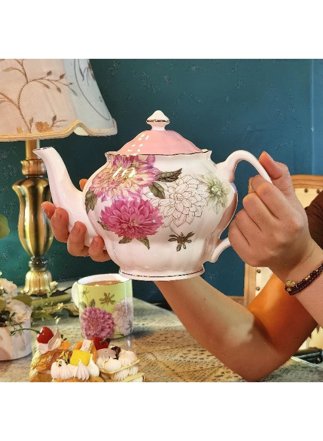 PULCHRITUDIE Bone China Teapot, English Teaset, Dahlia Floral Design with Golden Rim, 37 Oz - Image 2