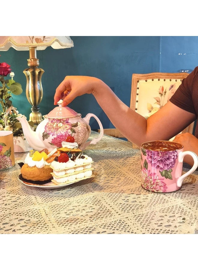PULCHRITUDIE Bone China Teapot, English Teaset, Dahlia Floral Design with Golden Rim, 37 Oz - Image 3