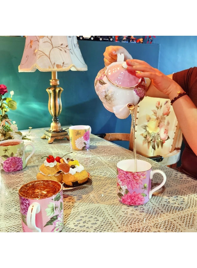 PULCHRITUDIE Bone China Teapot, English Teaset, Dahlia Floral Design with Golden Rim, 37 Oz - Image 4