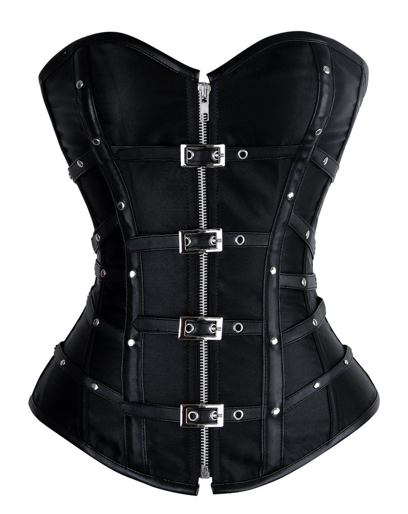 Charmian Women's Gothic Punk Satin Boned Zipper Overbust Corset Top with Buckles Black XX-Large - Image 1