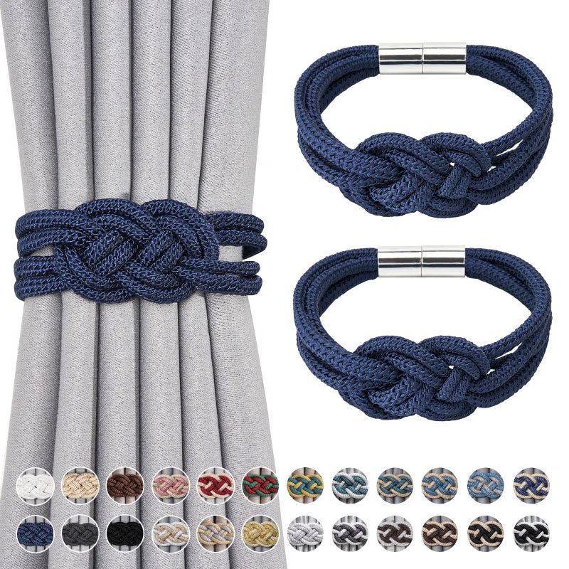 NICEEC NICEEC 2 Pack Strong Magnetic Curtain Tiebacks Upgrade Nordic Simple Style Drape Tie Backs Double Color Weave Rope Knot Decorative Curtain Holdbacks for Home  Office Window Drapery Dark Blue