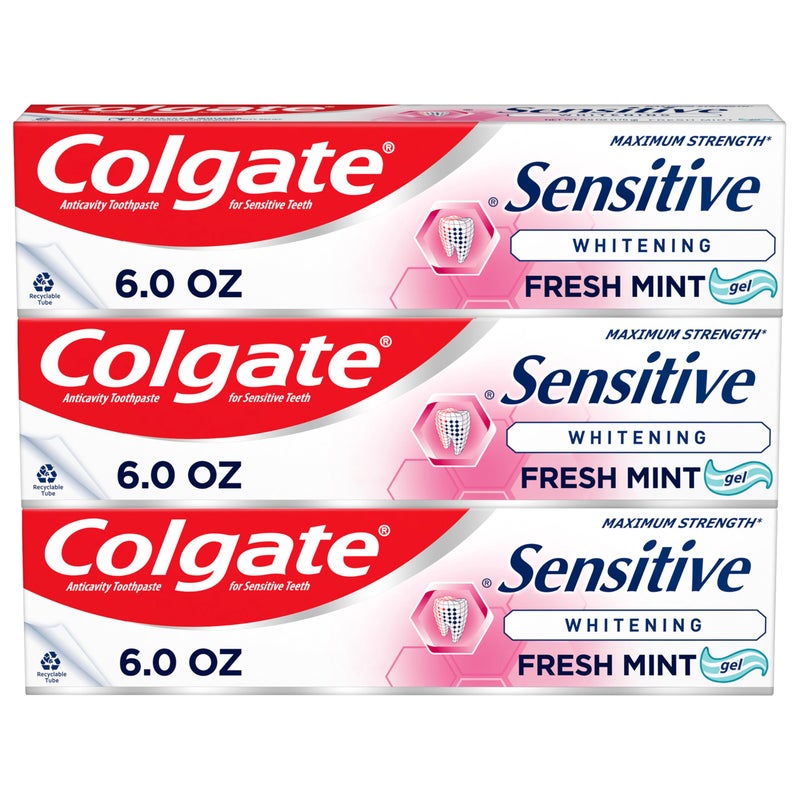 Colgate Whitening Toothpaste for Sensitive Teeth, Enamel Repair and Cavity Protection, Fresh Mint Gel, 6 Oz (Pack of 3) - Image 1