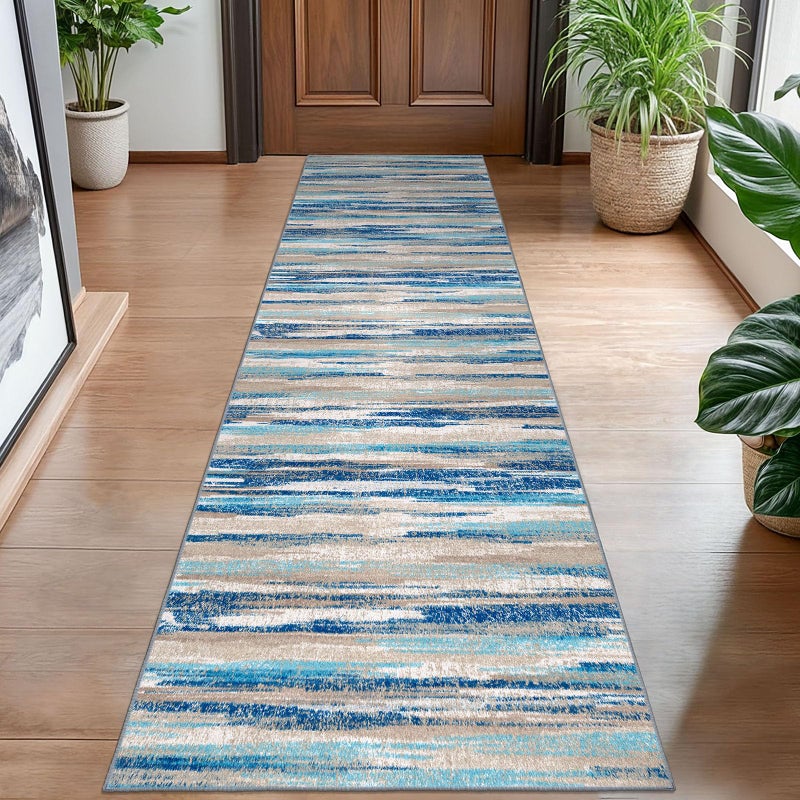 Lansny Modern Abstract Hallway Runner Rug Blue Washable Kitchen Runner NonSlip Soft 2x8 Runner Rug Thin Print Faux Wool Carpet for Entryway Bedroom Laundry Room Indoor
