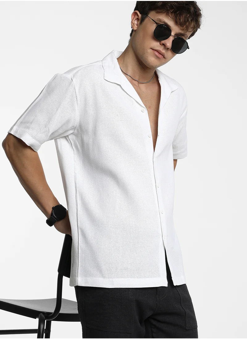 كامبوس سوترا Men's Chalk White Solid Knit Shirt