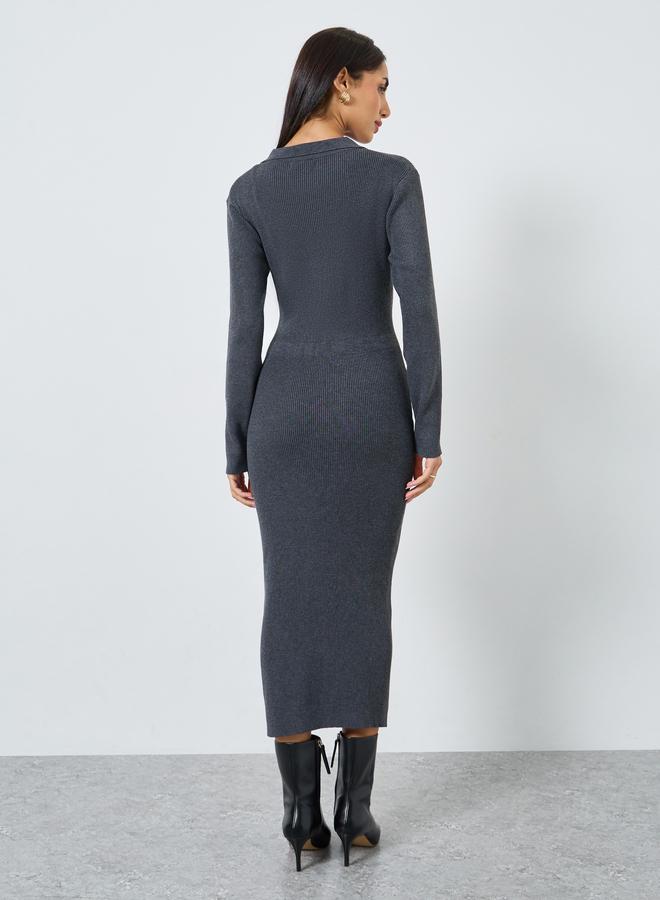 Styli Grey Ribbed Knit Sweater Midi Dress - Image 4