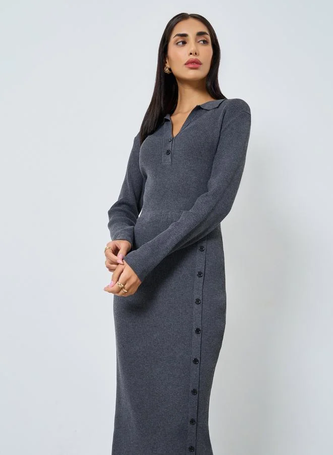 Styli Grey Ribbed Knit Sweater Midi Dress