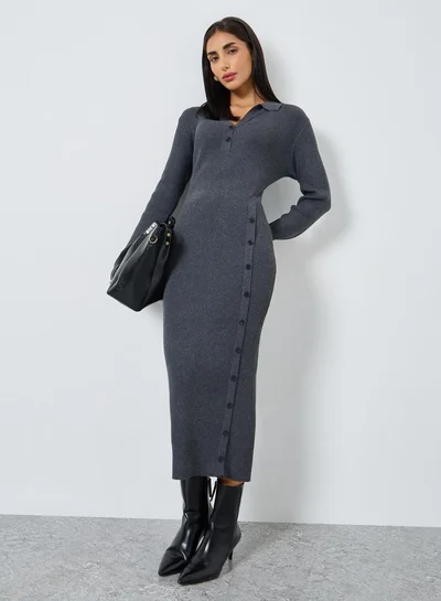 Styli Grey Ribbed Knit Sweater Midi Dress