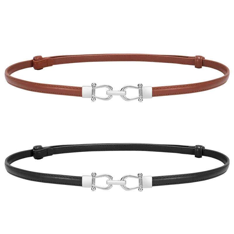 WERFORU Women 2 Pack Skinny Belt for Dress,Thin Waist Belt - Adjustable Leather Belt with Silver Buckle - Image 1