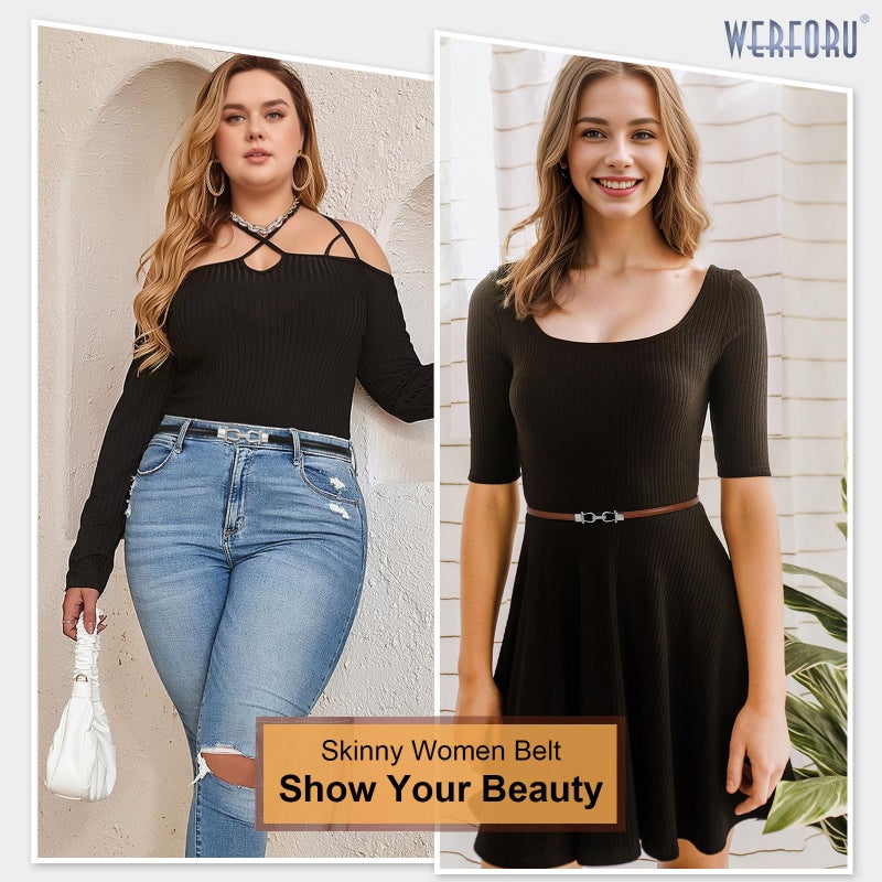 WERFORU Women 2 Pack Skinny Belt for Dress,Thin Waist Belt - Adjustable Leather Belt with Silver Buckle - Image 3