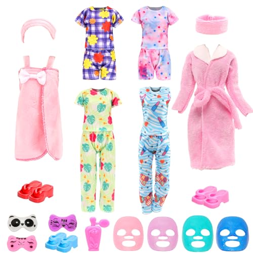 ENOCHT 19 Pcs Doll Clothes and Accessories Including 4 Pajamas 1 Bathrobe 1 Bath Towel 2 Scarf and 3 Slippers for 11.5 inch Girl Doll - Image 1