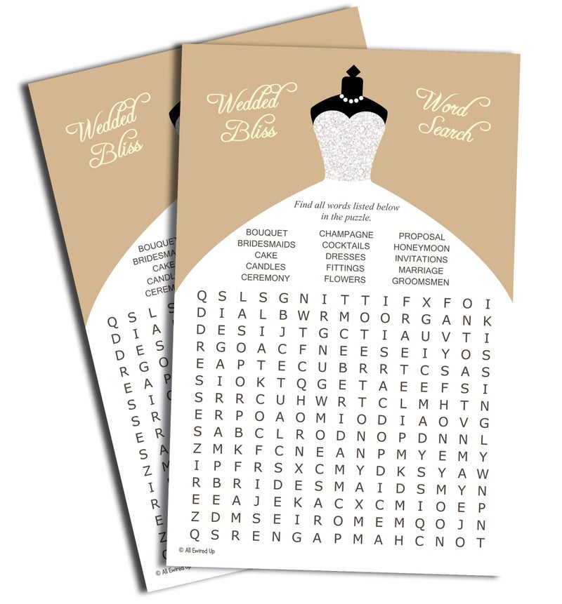 All Ewired Up Wedding Word FindSearch Game Bridal Shower Champagne Silver Wedding Dress 50Sheets